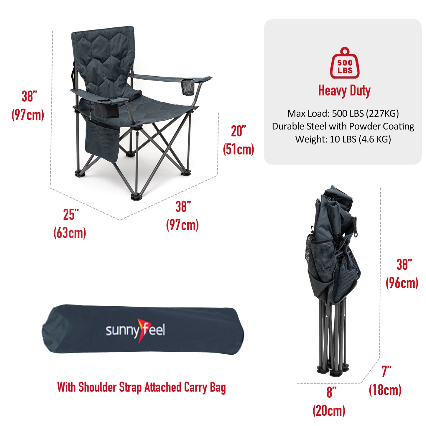 SUNNYFEEL Dark Gray Color XL Oversized Camping Chair, Folding Camp Chairs for Adults Heavy Duty Big Tall 500 LBS, Padded Portable Quad Arm Lawn Chair with Pocket for Outdoor/Picnic/Beach/Sports