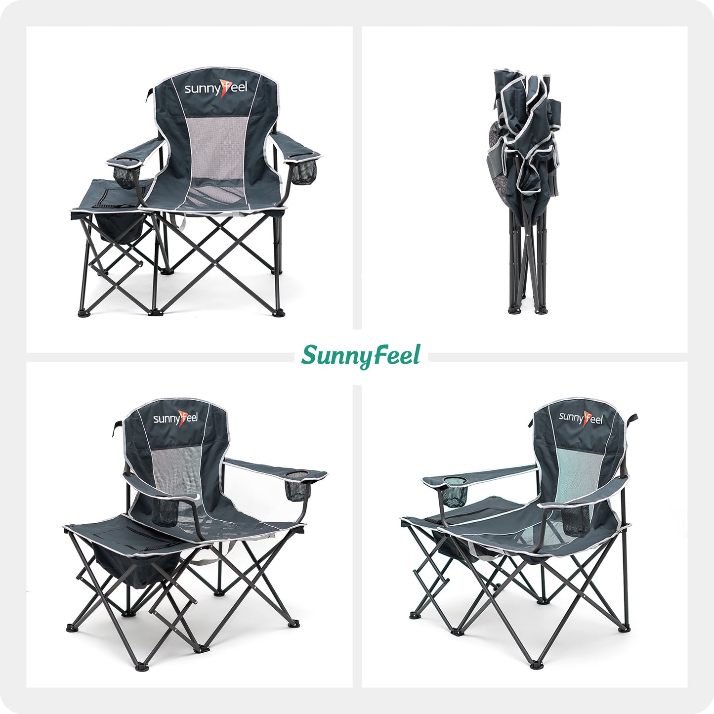 SUNNYFEEL XL Oversized Camping Chair with Cooler Bag, Side Table, Padded Portable Lawn Chair for Adults Heavy Duty 300 LBS, Folding Camp Quad Chair High Back with Cup Holder for Picnic,Beach,Sports
