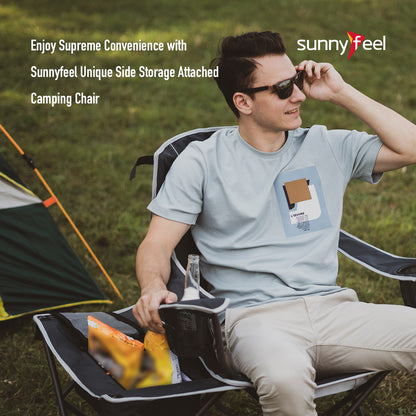 SUNNYFEEL XL Oversized Camping Chair with Cooler Bag, Side Table, Padded Portable Lawn Chair for Adults Heavy Duty 300 LBS, Folding Camp Quad Chair High Back with Cup Holder for Picnic,Beach,Sports