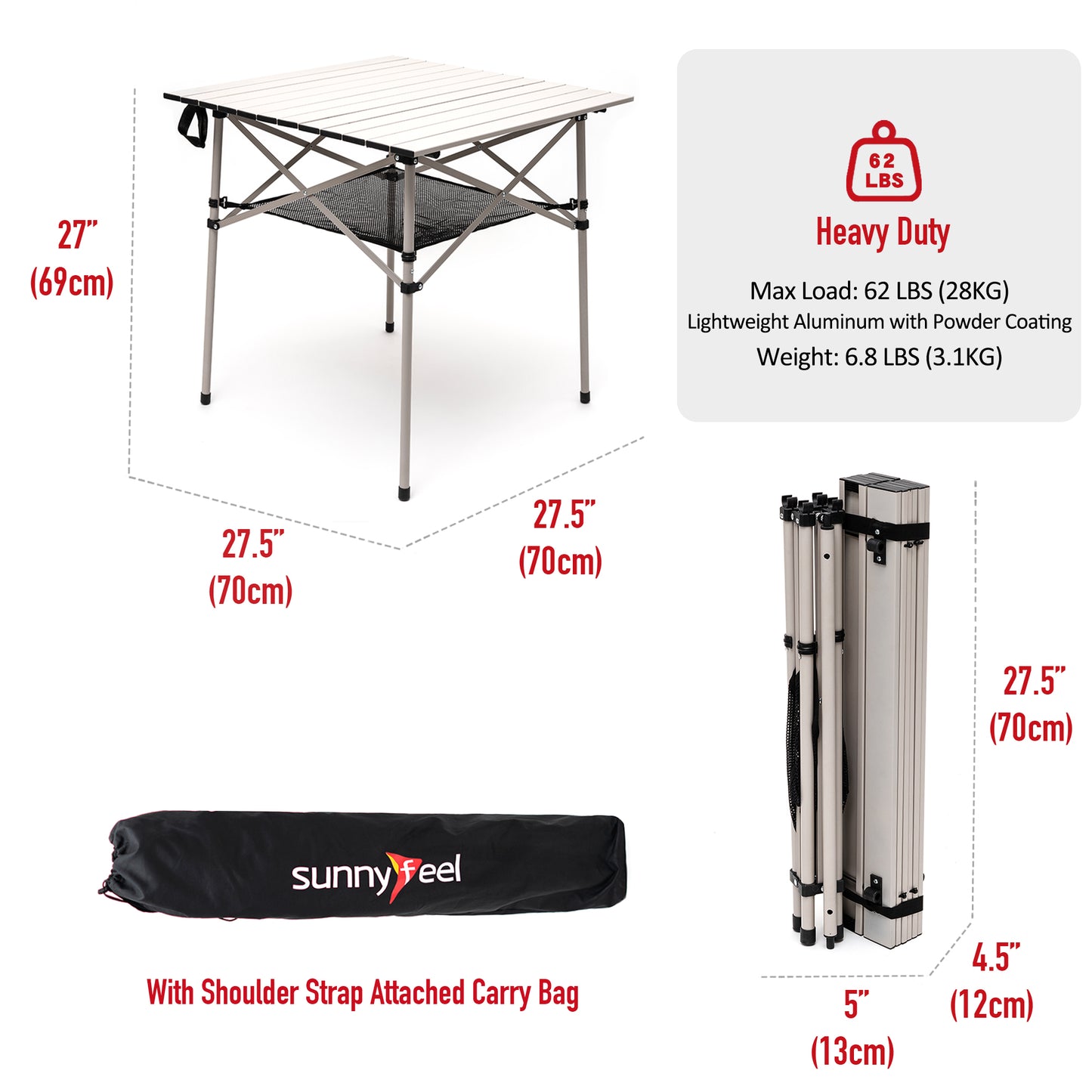 SUNNYFEEL White Color Outdoor Folding Table | Lightweight Compact Aluminum Camping Table, Roll Up Top 4 People Portable Camp Square Tables with Carry Bag for Picnic/ Cooking/ Beach/ Travel/ BBQ