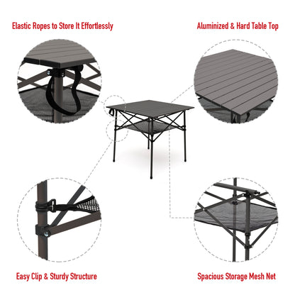 SUNNYFEEL Black Color Outdoor Folding Table | Lightweight Compact Aluminum Camping Table, Roll Up Top 4 People Portable Camp Square Tables with Carry Bag for Picnic/ Cooking/ Beach/ Travel/ BBQ