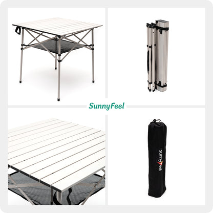 SUNNYFEEL White Color Outdoor Folding Table | Lightweight Compact Aluminum Camping Table, Roll Up Top 4 People Portable Camp Square Tables with Carry Bag for Picnic/ Cooking/ Beach/ Travel/ BBQ