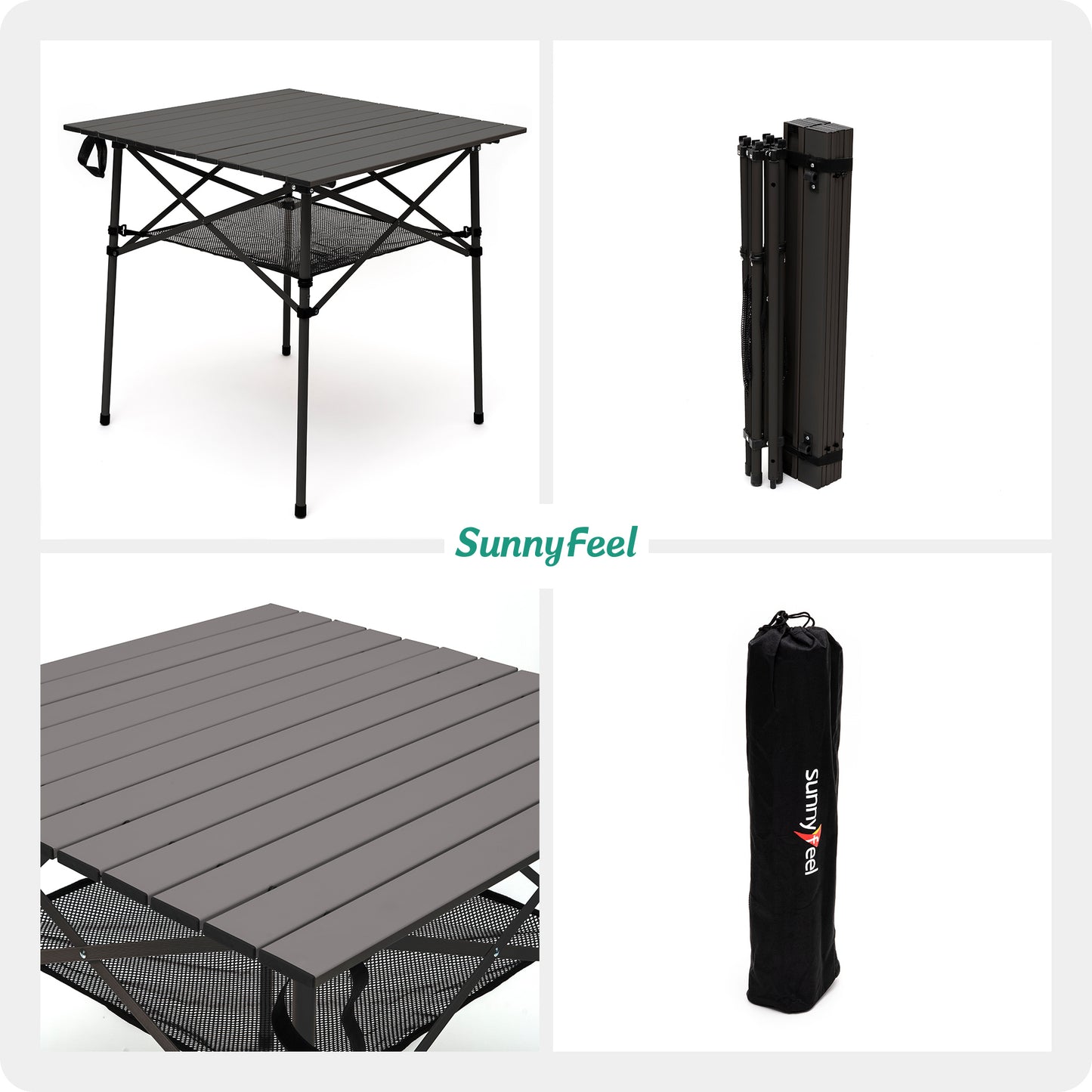 SUNNYFEEL Black Color Outdoor Folding Table | Lightweight Compact Aluminum Camping Table, Roll Up Top 4 People Portable Camp Square Tables with Carry Bag for Picnic/ Cooking/ Beach/ Travel/ BBQ